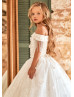 Off Shoulder Ivory Sparkly Flower Girl Dress With Crystal Fringe